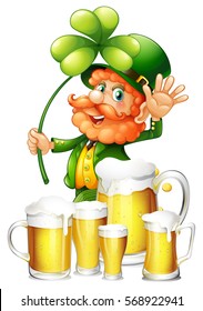 Leprechaun y cerveza fresca en la ilustración de los tazas