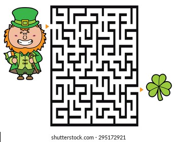 Leprechaun game. Vector illustration of labyrinth game with cute Leprechaun for children