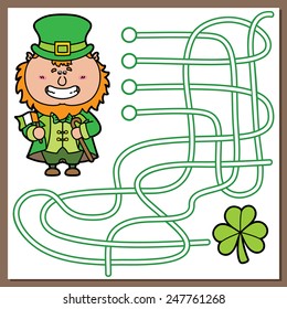 Leprechaun game. Vector illustration of maze(labyrinth) game with cute Leprechaun for children