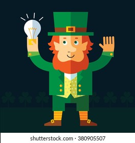 Leprechaun get the idea holding bulb. Flat style vector illustration   Symbol Saint Patrick's Day