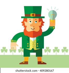 Leprechaun get the idea holding bulb. Flat style vector illustration   Symbol Saint Patrick's Day