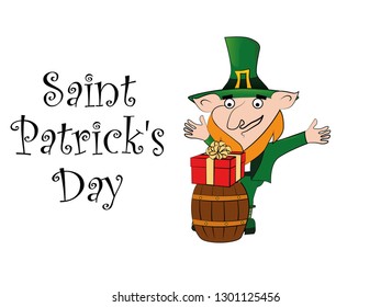 Leprechaun with a gift. Happy St. Patricks Day celebration.