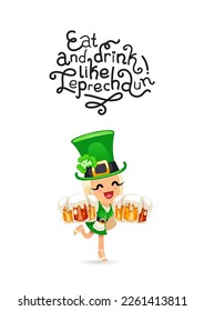 Leprechaun Girl with Beer St. Patrick's Day Lettering. Vector poster isolated on white background.