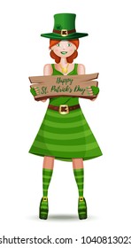 leprechaun girl congratulates on St. Patricks Day. Cute girl in a green leprechaun suit. Happy St. Patrick's Day. Vector illustration