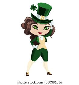 Leprechaun girl in the cylinder. Leprechaun girl isolated on white background. Vector illustration.
