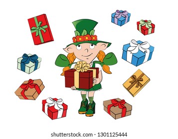 Leprechaun girl with gifts. Happy St. Patricks Day celebration.
