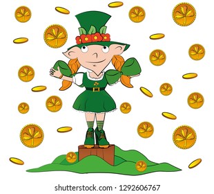 Leprechaun girl with gold coins. Happy St. Patricks Day celebration.