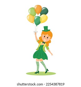 Leprechaun Girl holding balloons. Cute cartoon girl in Irish costume isolated on white background. St. Patrick's Day character. 