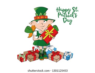 Leprechaun girl holding a gift. Happy St. Patricks Day celebration.