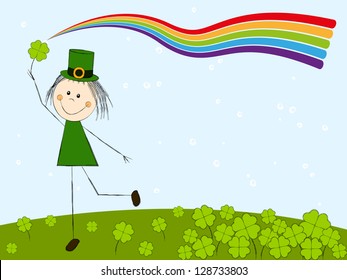 Leprechaun girl with magic rainbow