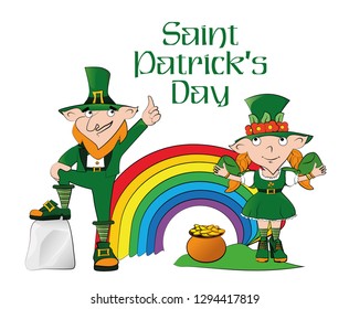 Leprechaun girl and leprechaun man with a pot of gold coins near the rainbow. Happy Saint Patricks Day celebration. Vector illustration.