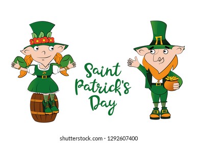 Leprechaun girl on a barrel and Leprechaun man with a pot of gold coins. Happy St. Patricks Day celebration. Vector illustration.