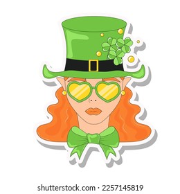 Leprechaun Girl Redhead Girl in Green Hat and Glasses with Green Bow Tie St Patricks Day