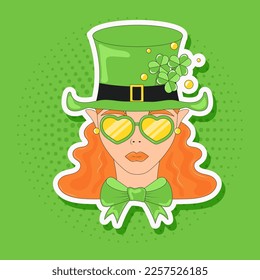 Leprechaun Girl Redhead Girl in Green Hat and Glasses with Green Bow Tie St Patricks Day