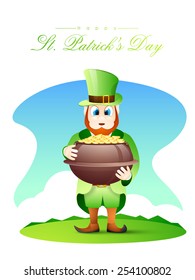 Leprechaun in glossy dress holding earthenware full of gold coins on blue background for Happy St. Patrick's Day celebration.
