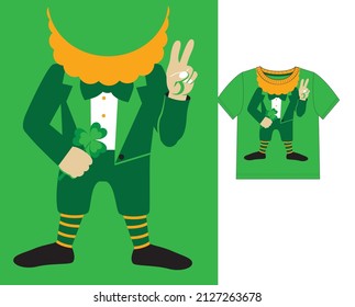 Leprechaun Gnome with clover and peace gesture. Print for kids t shirt on St Patrick's day.