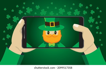 Leprechaun Gnome made selfie on smartphone. St Patrick's day vector illustration