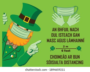 Leprechaun Gnome in mouth mask and gloves. St Patrick's Day in COVID-19. Do Not enter without a mask and gloves, keep social distancing on Irish language. Vector illustration.