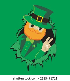 Leprechaun Gnome with peace gesture peeking out of torn hole. St Patrick's day vector illustration.