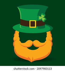 Leprechaun Gnome's hat and beard with mustache. Symbols of St Patrick's Day. Vector illustration.