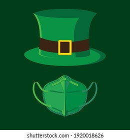 Leprechaun Gnome's hat and green respirator N95 face mask. Symbols of St Patrick's Day in 2021. Vector illustration.