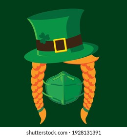 Leprechaun Gnome's hat, women's red hair and green respirator N95 face mask. Symbols of St Patrick's Day in 2021. Vector illustration.