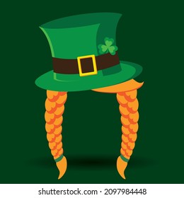 Leprechaun Gnome's hat with women's red hair.t Patrick's Day vector illustration.