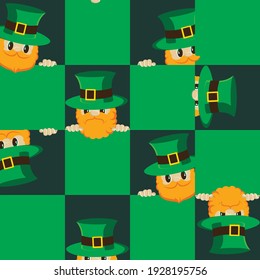 Leprechaun Gnomes looks out of the square. St Patrick's Day seamless pattern illustration.