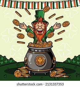 leprechaun goes into a pot of gold coins vector illustration