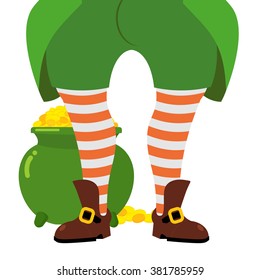 Leprechaun gold. big pot of golden. sprite hides its treasures. Legs elf in striped socks. Old shoes. foots are mythical GNOME. Illustration for a holiday in Ireland. St. Patrick's day 