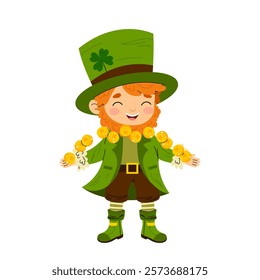 Leprechaun with gold coins. Funny mythical character. St. Patrick's Day. Happy man in a green suit and hat. Flat vector illustration.