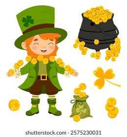 Leprechaun with gold coins. Funny mythical character. St. Patrick Day. Cauldron with gold. Full bag of money.