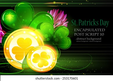 Leprechaun Gold coins and magic clover. St. Patrick's Day background.