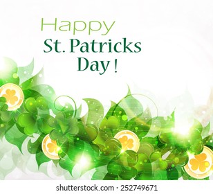 Leprechaun gold coins on clover background.  St. Patrick's Day background.
