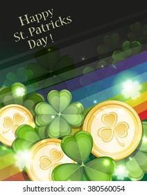 Leprechaun Gold coins with rainbow and magic clover. St. Patrick's Day background.