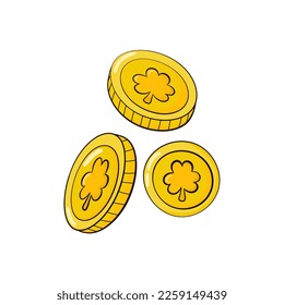 Leprechaun gold coins with shamrock symbol, traditional irish sign of good luck in cartoon style isolated on white background, design element for greeting cards for St. Patricks Day