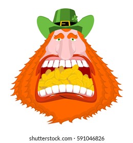 Leprechaun gold. Crazy Dwarf for St. Patrick's Day. Golden coins in mouth. National Holiday in Ireland. Traditional Irish Festival