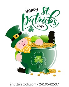 Leprechaun with Gold Pot full of coins and Happy St. Patrick's Day Text- St. Patrick's Day Isolated Vector Illustration