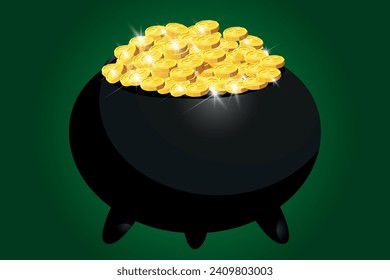 Leprechaun gold. Leprechaun Pot of Gold and Luck, traditional symbol of the Irish holiday of St. Patrick's Day. Vector illustration isolated on green background.