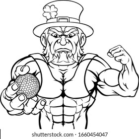 A leprechaun golf sports mascot holding a ball