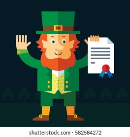 Leprechaun with graduation diploma. Flat style vector illustration   Symbol Saint Patrick's Day