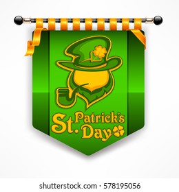 Leprechaun green award banner. Saint Patricks Day with pipe. Beard. Hat and clover on flag. Vector illustration