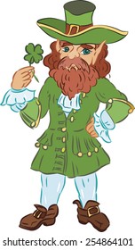 Leprechaun in a green coat with four-leaf clover