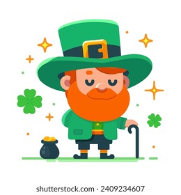 Leprechaun con disfraz verde con una olla de monedas de oro y sombrero verde, trébol, símbolo de suerte, personaje de caricatura. gnomo irlandés barbudo, feriados nacionales. Día de San Patricio. Ilustración vectorial de alta calidad.