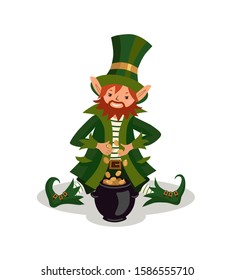Leprechaun in a green cylinder sits with a pot of gold. St. Patrick 's Day, Ireland. Nice Irish dwarf with a red beard. Isolated on a white background. Flat cartoon style. Vector illustration.