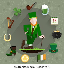 Leprechaun in the green dress leans on a cane. Around him traditional symbols of St. Patrick's Day. Flat style icons