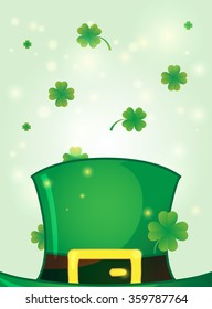Leprechaun green hat with clover around. St. Patrick's day vector background.