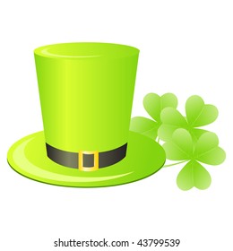 Leprechaun green hat with clover leafs on white background