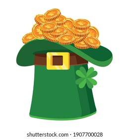 leprechaun green hat with coins treasure saint patrick icon vector illustration design