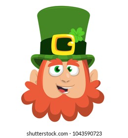 Leprechaun in green hat face. Head with Red beard. Portrait for St. Patricks Day celebration in Ireland